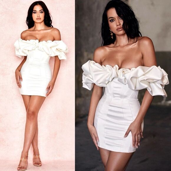 HOUSE OF CB 'Selena' Ivory Satin Ruffle Strapless Dress - Picture 1 of 11